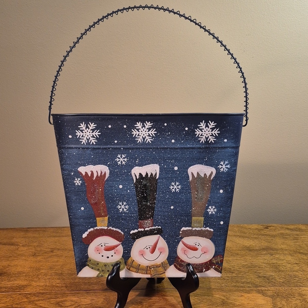 FESTIVE Decorative Aluminum Metal Snowman Narrow Bucket with Handle